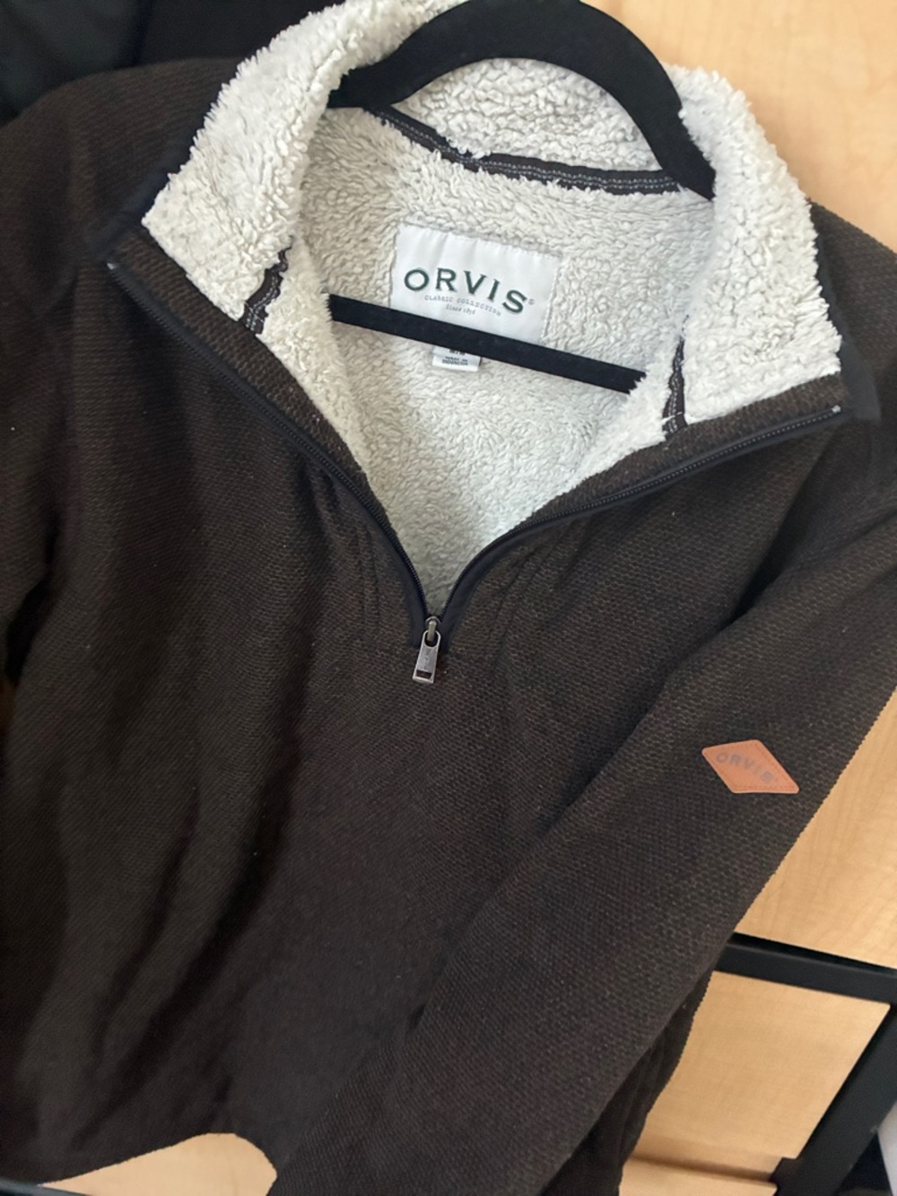 Orvis Brown Half-Zip Sherpa Pullover with Cream Lining - Picture 2 of 4